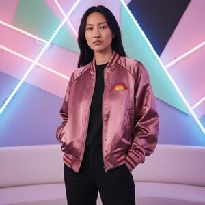 Mother S Sunshine City Bomber Jacket Pastel Pink Satin Rainbow Varsity Preppy